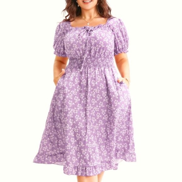 BloomChic Dresses & Skirts - Plus Size Ditsy Floral Shirred Ties Square Neck Frill Trim Puff Sleeve Dress XXL